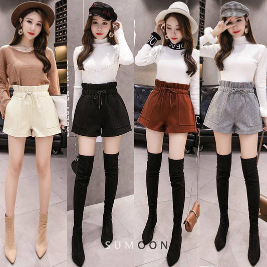Fashion Short Pants Women High Waist Solid Woolen Female Shorts Casual Wide Leg Shorts Women