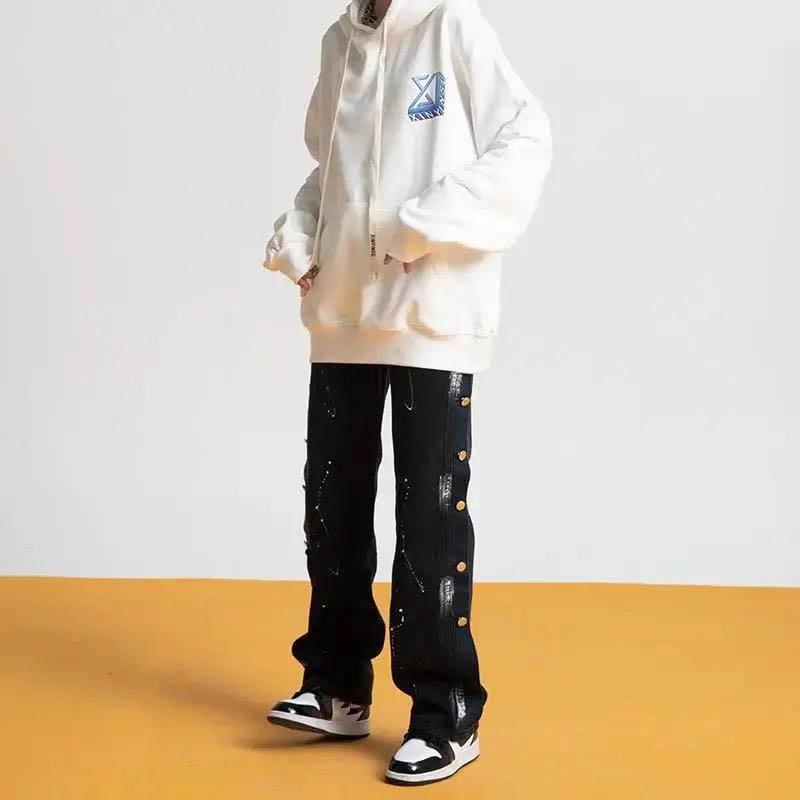 Autumn and Winter Black Buffet Jeans Female BF Wind Hip Hop Loose Straight High Street Splashing Wide Legs Tide