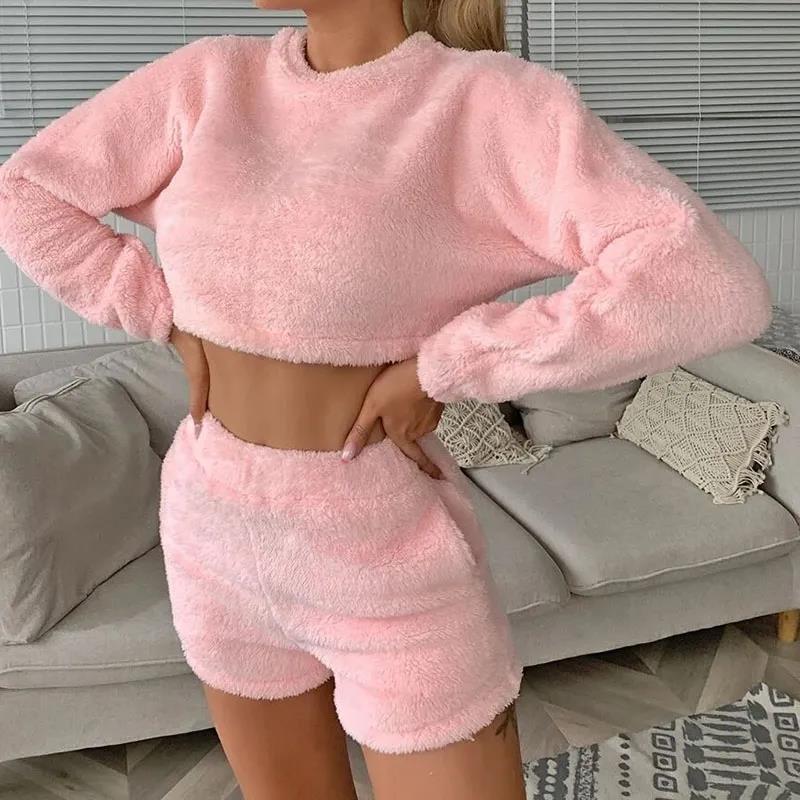 Women's Coral Fleece Double-sided Fleece Homewear Long-sleeved Top Shorts Suit Sexy Sports Outerwear Pajamas Set Winter Warm Pyjamas Suits