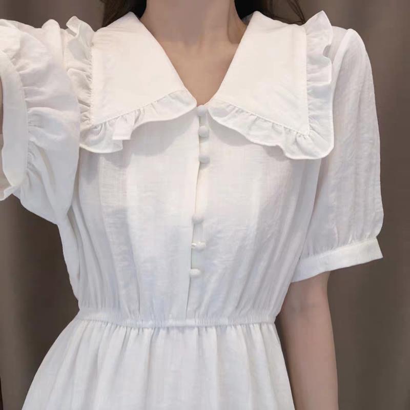 Thin Long Skirt Japanese Style Fresh College Style Sweet Girl Waist Thin White Dress Fabric Thin Breathable Sweet and Cute White Dress