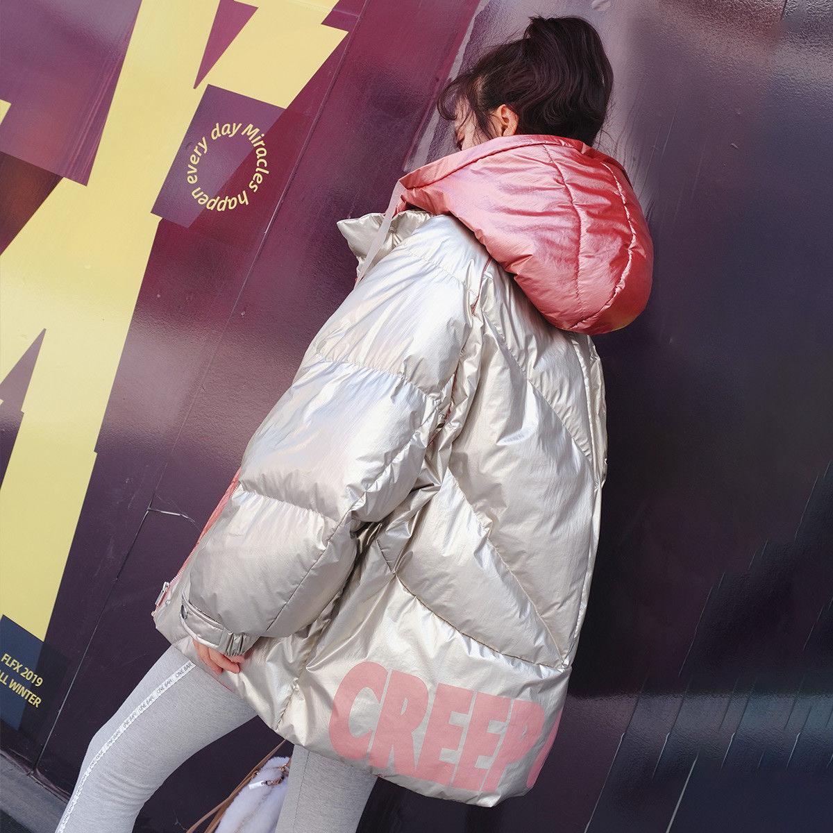 Winter White Duck Down Loose Hood Contrast Color Short Bread Jacket Ladies Down Jacket
