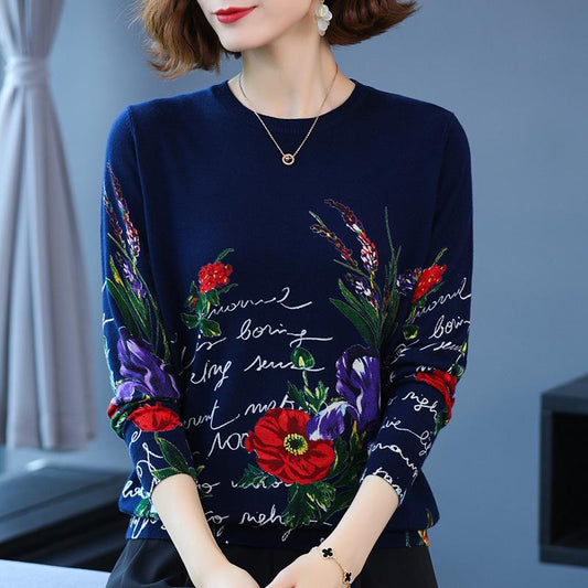 Autumn Women's Thin Printed Sweater Round Neck Pullover Long Sleeve Bottoming Shirt Plus Size Sweater