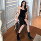 Women's Spring and Summer Elegant Slim Gold Velvet Bottom Long Over The Knee Black Suspender Hip Dress