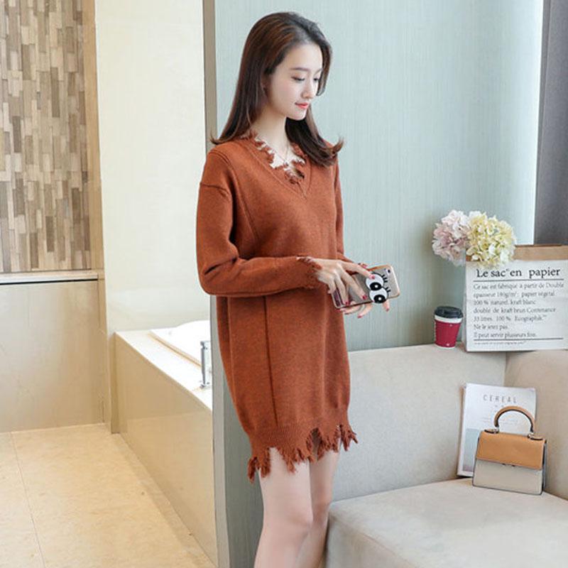 Autumn  Winter Women's Mid-length Sweater Ripped Tassel Sweater Casual Loose Knit Sweater Dress Outer Wear