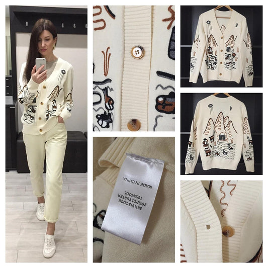 Embroidery V-Neck Oversized Cardigan Long Sleeve Single Breasted Button Knitted Sweater