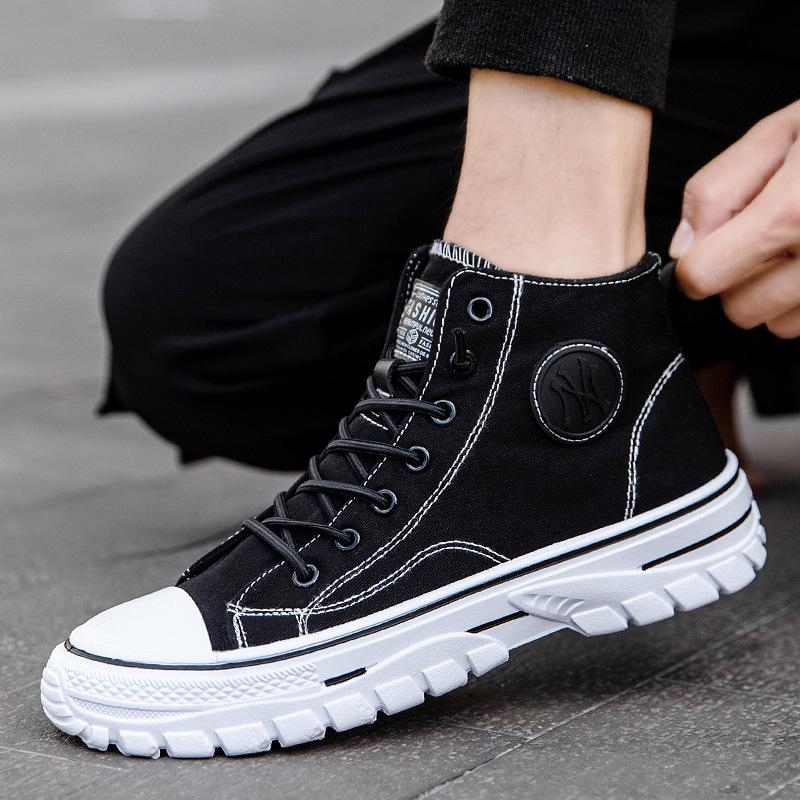 Spring Men's Shoes High-top Canvas Shoes Trend Solid Color Casual Shoes Students All-match Sports Cloth Shoes