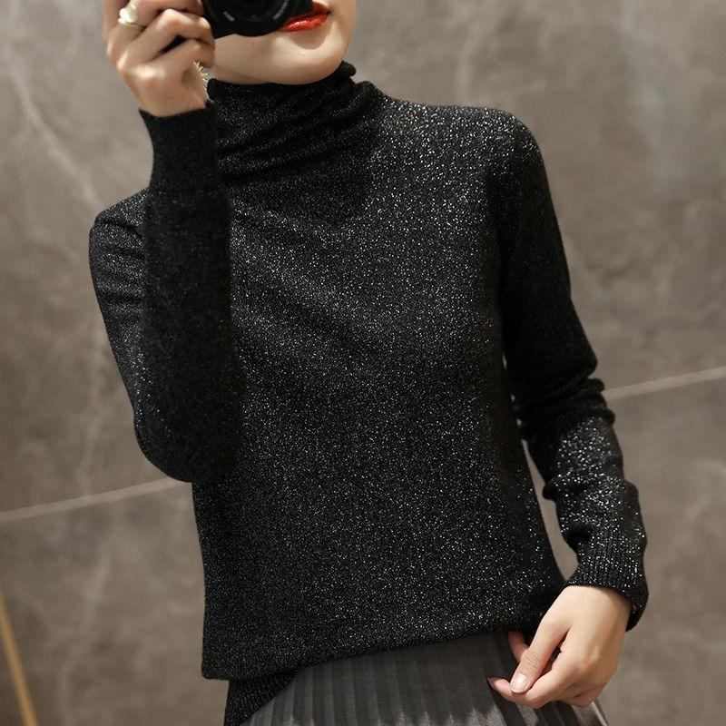 Women Solid Shiny Lurex Sweaters Autumn Winter ladies Long Sleeve Pullover Tops Heaps Collar knit Sweater
