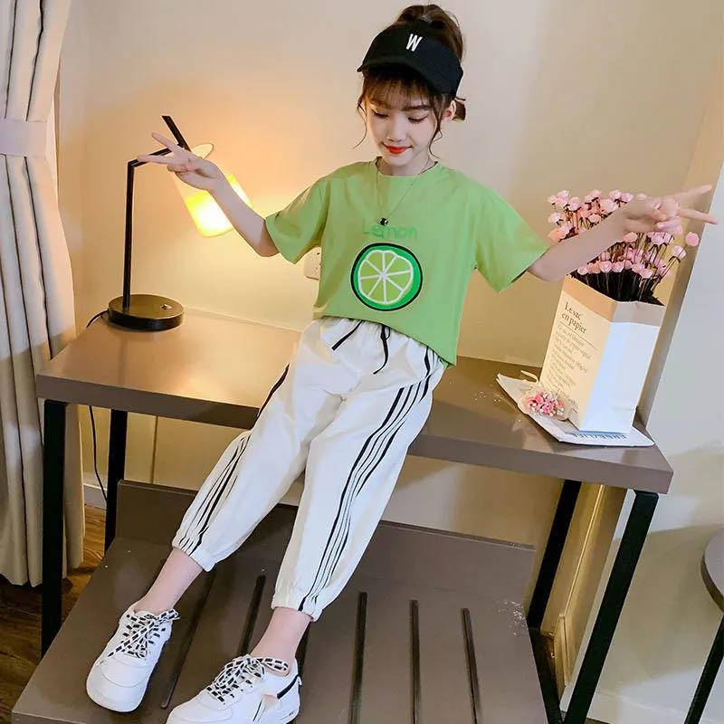 Girls Summer Green Printed Short Sleeves + Low Waist Beam Ninth Pants Loose Casual Simple Style Children's Thin Two-piece Set