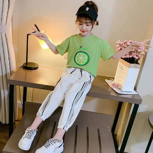 Girls Summer Green Printed Short Sleeves + Low Waist Beam Ninth Pants Loose Casual Simple Style Children's Thin Two-piece Set