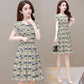Women's Summer Print Mid-Length Dress Large Size Loose V-Neck A-Line Skirt