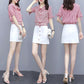 Large Size Skirt Set Women's Plaid Short-sleeved Shirt High-waisted Skirt Two-piece Bow Knot Sleeve Plaid Belt A-line Skirt Slim Summer Dress Suit