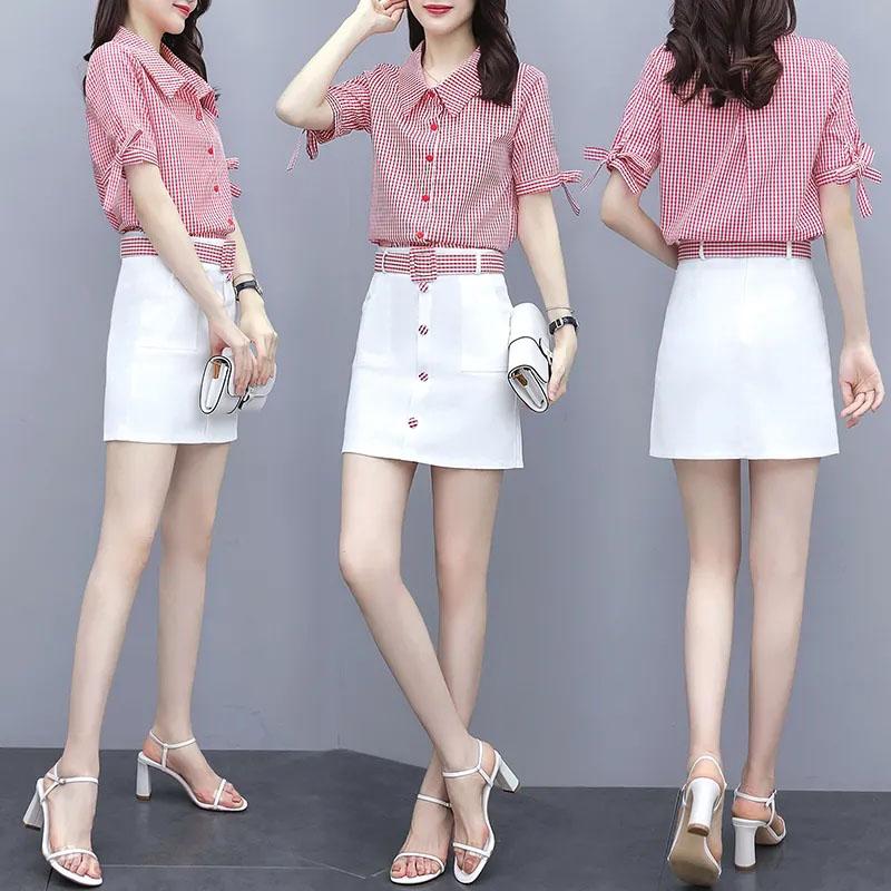 Large Size Skirt Set Women's Plaid Short-sleeved Shirt High-waisted Skirt Two-piece Bow Knot Sleeve Plaid Belt A-line Skirt Slim Summer Dress Suit