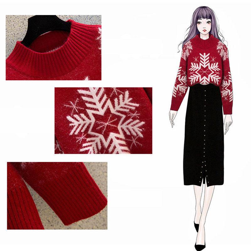 Autumn and Winter Sweater Set Women Snowflake Print Sweater and Mohair Bodycon Skirt Two-piece Set Ladies Christmas Sweater Set