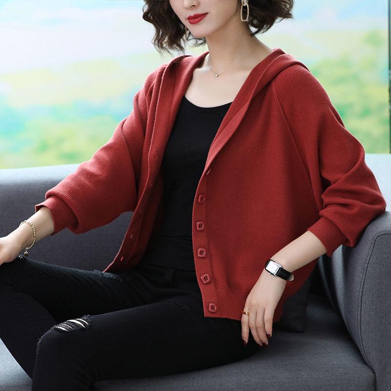Autumn and Winter Cropped Hooded Top Simple Loose Knit Sweater Fashion Cardigan
