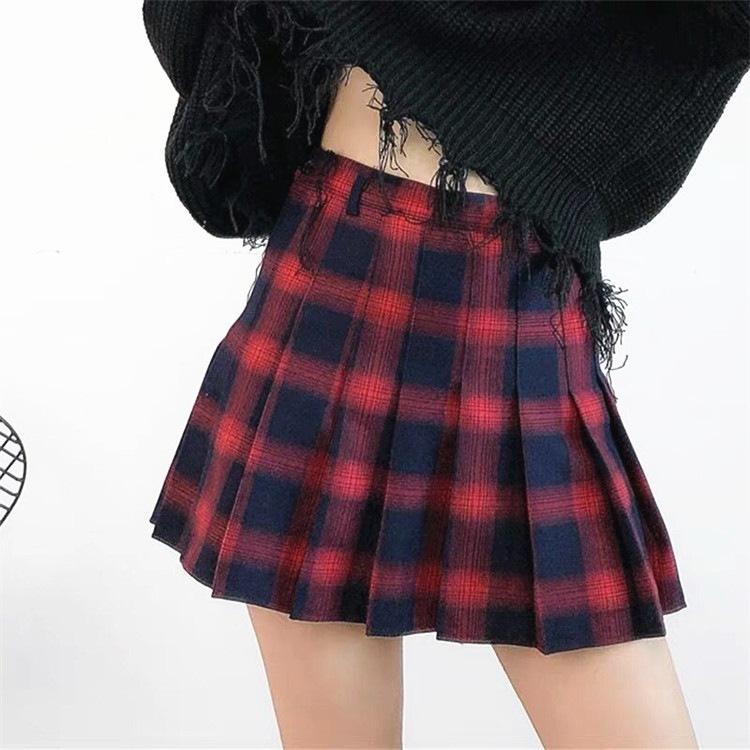 Women Skirts Cute Yellow Black Red Lattice Pleated Skirt Punk Style High Waist Short Skirt