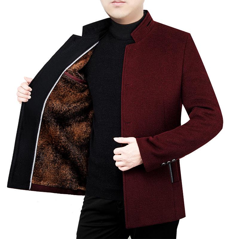 Middle-aged Men's Wool Stand Collar Jacket Autumn and Winter Fashion Handsome Gentleman Plus Velvet Padded Jacket