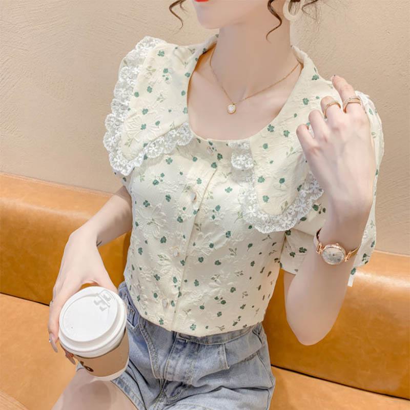 Floral Bubble Short-sleeved Top Design Sense Niche French Sweet Doll Collar Top Women