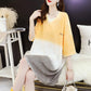 T-shirt Dress Stitching Color Gradient Women Dress Girl Loose V-Neck Batwing Sleeve Casual Long  Big Loose Home Comfort Outer Convenient