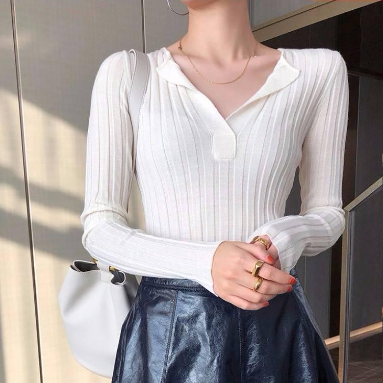 Pofulove Autumn Winter Students Inside Coat V-neck Striped Sweater Warm Bottoming Black Shirt