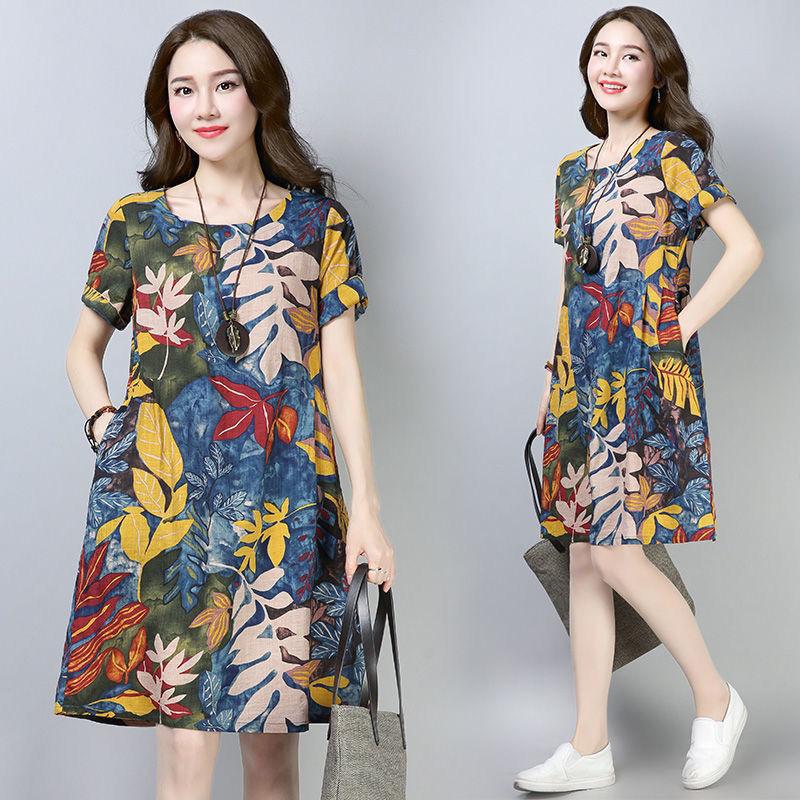 Cotton Plus Size Women's Printed Short-sleeved Dress Loose and Thin Ethnic Style Leaf Skirt