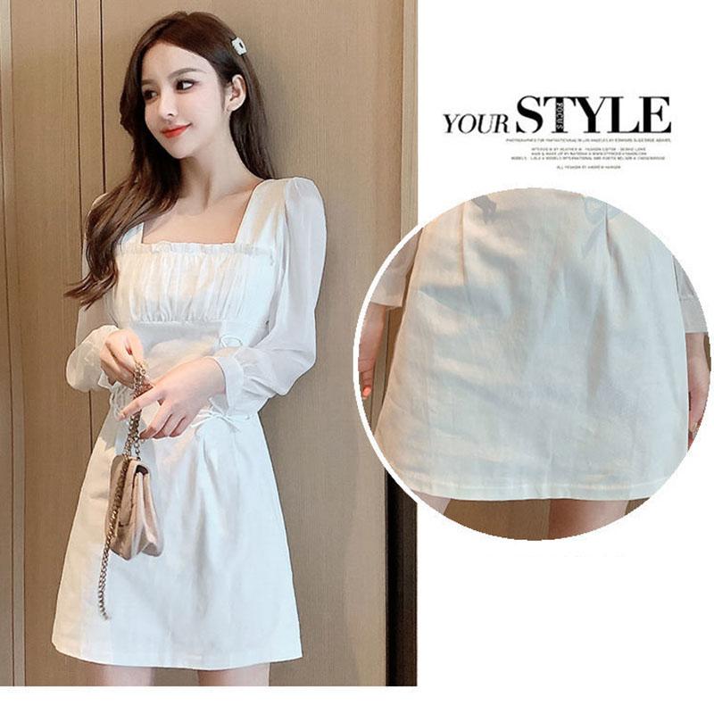 Autumn French Design Sense of Niche Temperament Skirt Is Thin Folds Square Collar White Waisted Celebrity Dress