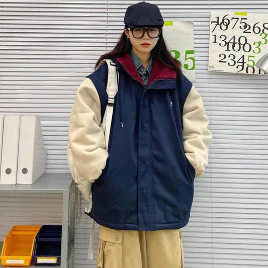 Cotton-padded Jacket Women's Winter Style Cotton-padded Jacket Loose Student Hong Kong Style Lamb Wool Plus Velvet Thick Coat