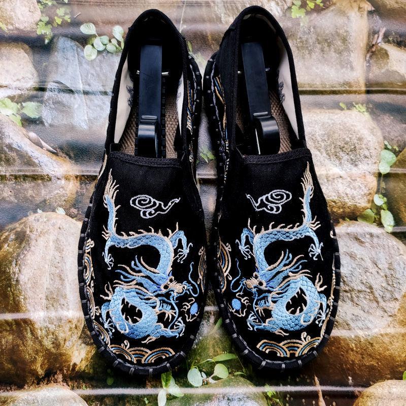 Male Old Beijing Cloth Shoes Chinese Style Ethnic Embroidered Canvas Shoes Mental Guy Trendy Casual Canvas Footwear