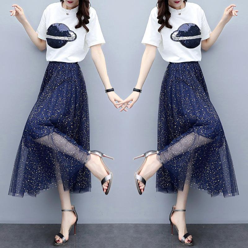 Women's One Piece / Two Piece Short Sleeve T-shirt With Gauze Korean Half Length Dress Skirt Two Piece Suit