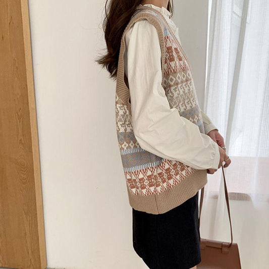 Autumn Loose Knitwear Women Students All-match V-neck Hit Color Top Sleeveless Outer Sweater Fashion Casual Vest Jacket