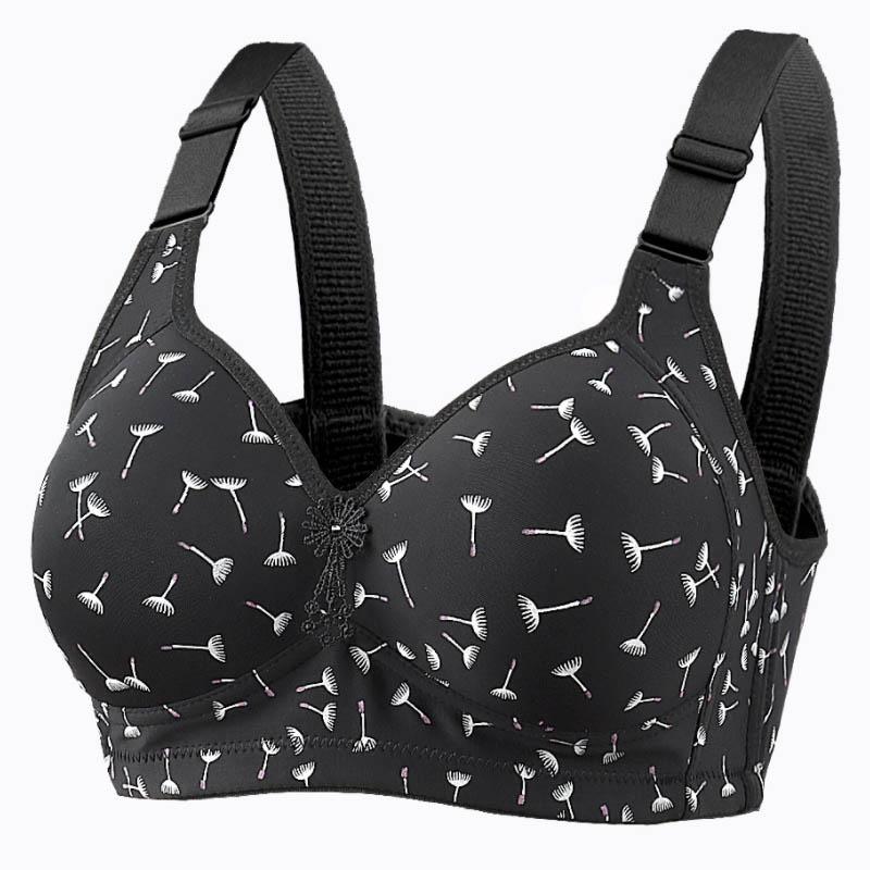 Large Size No Steel Ring Large Cup Thin Cup Full Cup Simple Style Printed Back Three-Row Buckle Adjustable Side Closure Anti-Sagging Bra