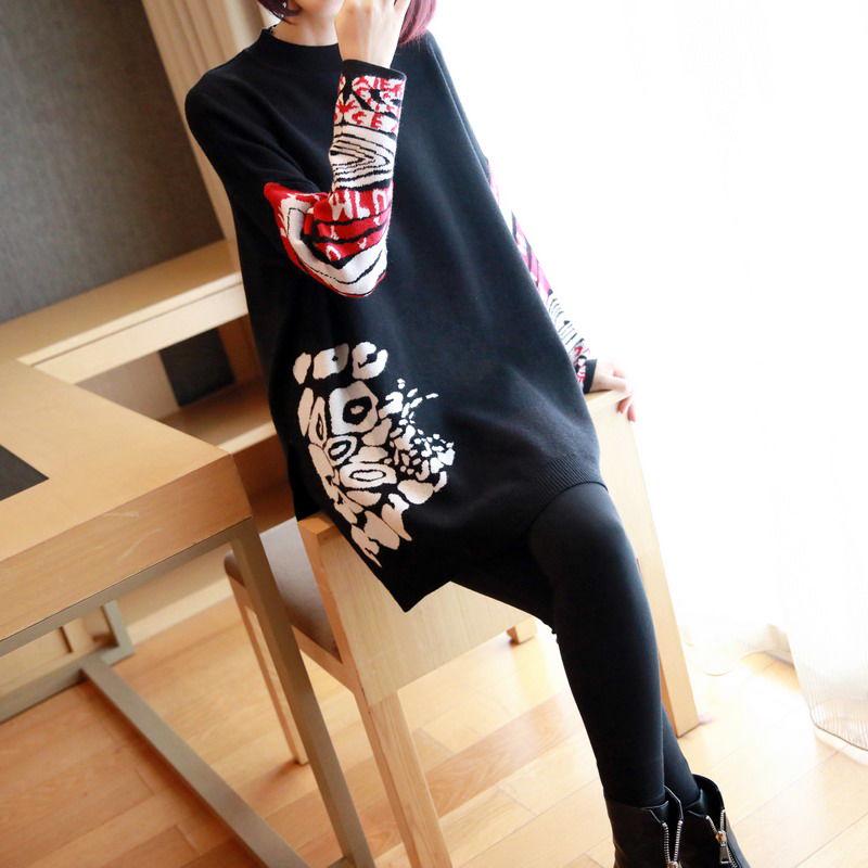 Vintage Printed Knitted Sweater Women Loose Bottoming Sweater Autumn and Winter Asymmetric Pullover Sweater