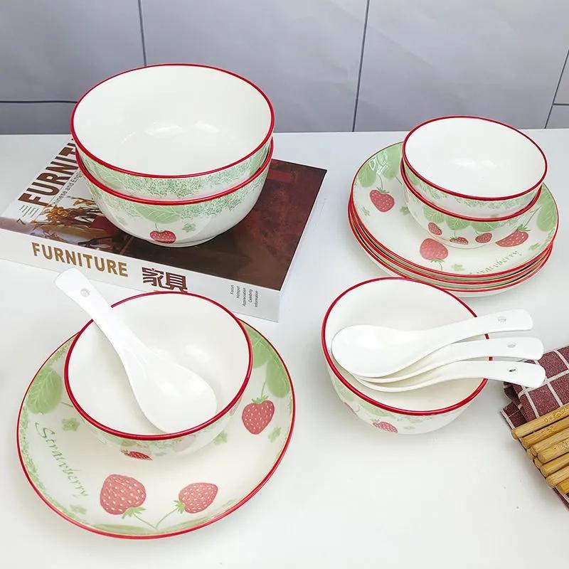 Jingdezhen Tableware Set Creative Cute Eating Bowl Noodle Soup Bowl Thick Rice Plate Rustic Ceramic Tableware Combination