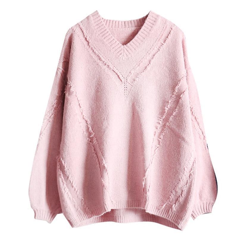 Spring and Autumn Loose Fashion Blouse Student V-neck Knitted Pullover Sweater Women