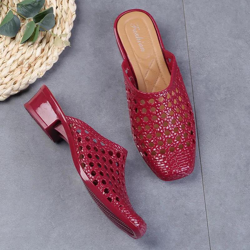 Beach Slippers Women Wear Baotou Summer Middle Heel Mother Shoes To Increase Outdoor All-match Non-slip Slippers High Heels