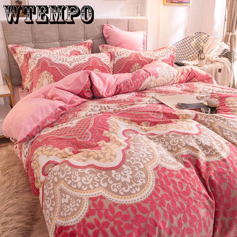 4pcs Winter Romantic Bedding Sets Floral Print Queen/king Size Quilt Cover Thick Warm Bed Sheet +pillowcases