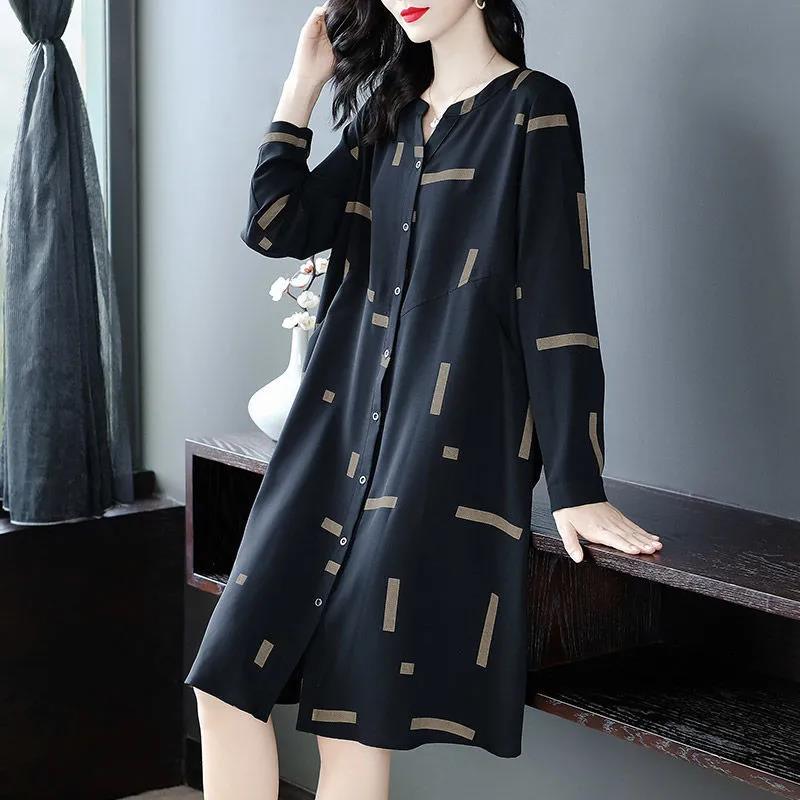 Temperament Loose Shirt Dress Was Thin Covering Belly Skirt Large Size Women's A-line Mid-length Dress Fabric Soft and Sweat-absorbent