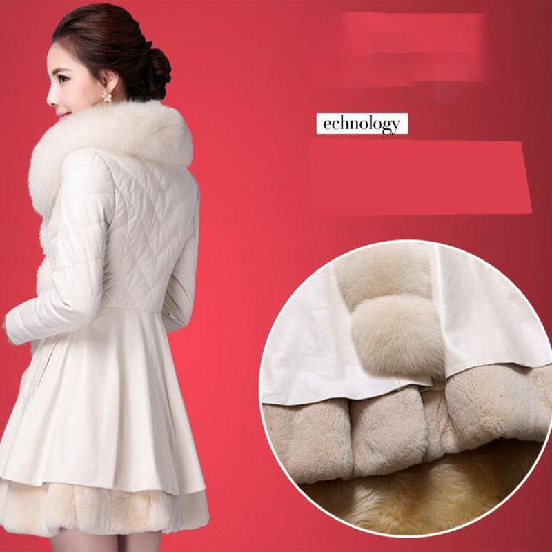 Women's Faux Fur Coat Winter Ladies Parka Large Size Thicker Warm Mid-length PU Leather Coat with faux Fox Fur Collar