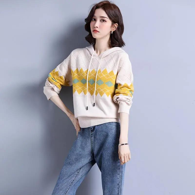 Hooded Sweater Women Rhombus Jacquard All-match Sweater Loose Pullover Women