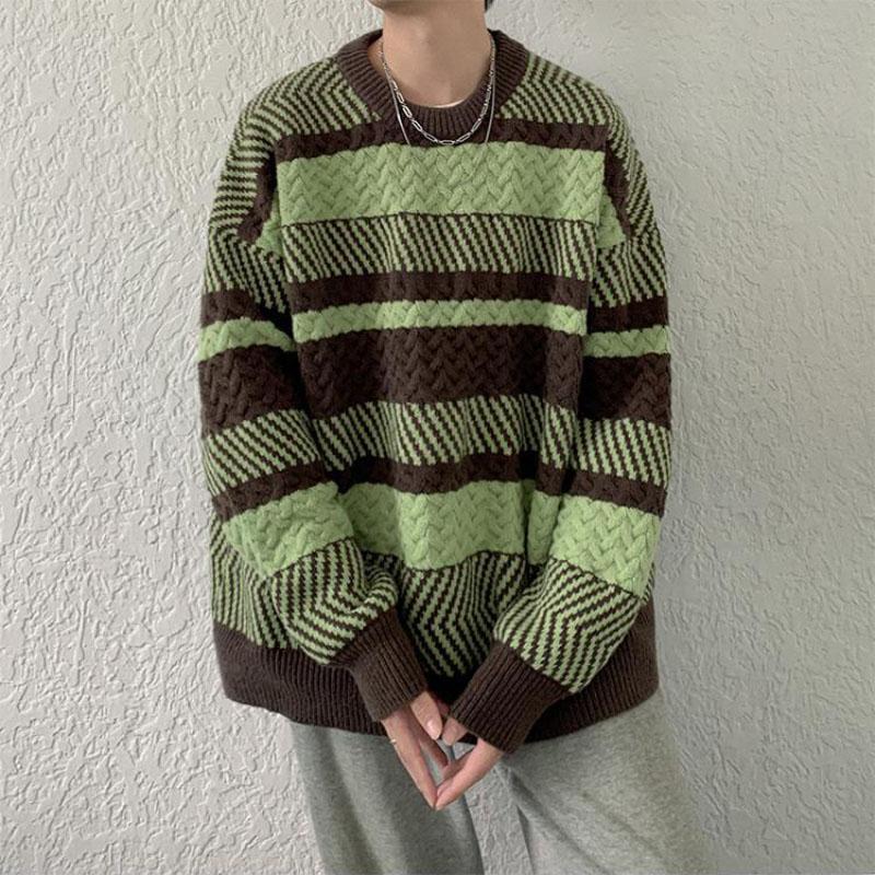 Striped Round Neck Sweater Men's Autumn and Winter Thick Sweater Loose Warm and Comfortable