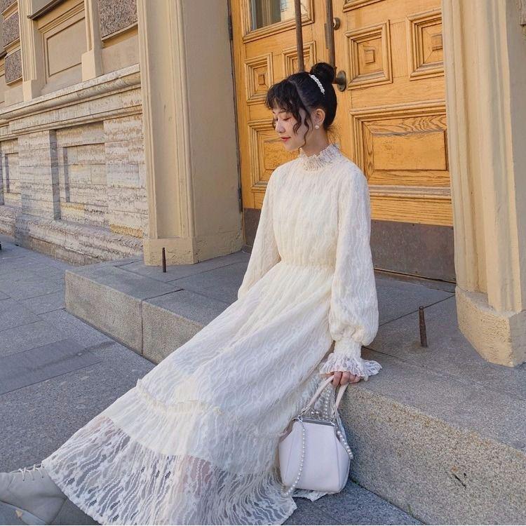 Plus size slim dress spring and autumn French retro waist lace long-sleeved dress women