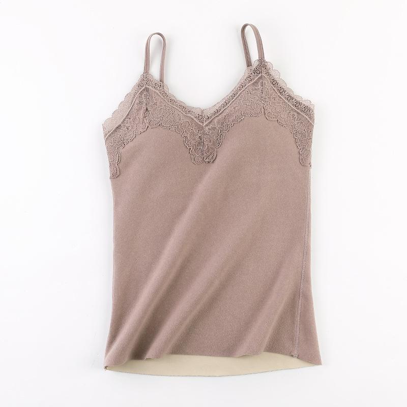 Thermal Underwear Women Velvet Vest Sexy Winter Thermals Sleeveless Body Tops Slim Solid V Neck Lace Inner Wear with Pad Fashion