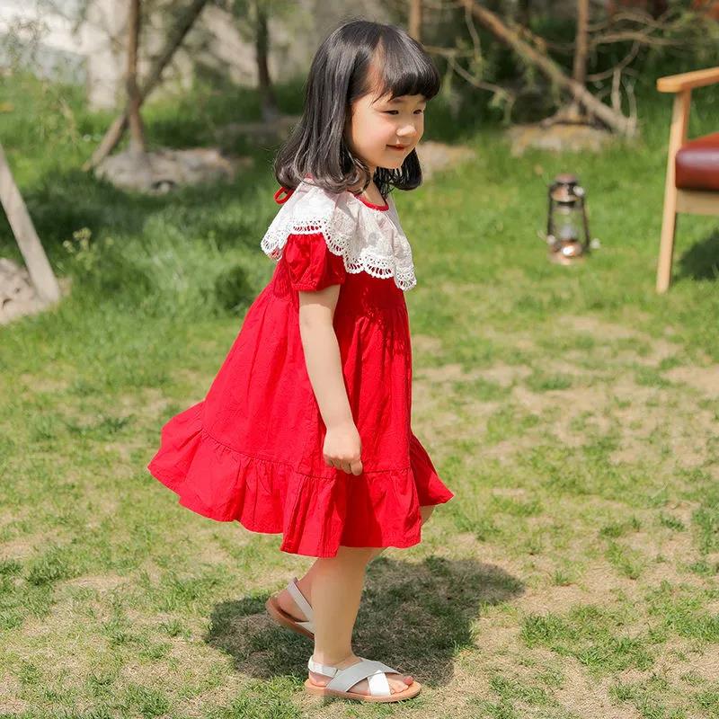 Girls Red Dress Summer Dress Children Summer Puff Sleeve Princess Skirt A-Line Dress Round Neck Short Sleeves