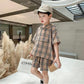 Boy's Summer Suit Two-piece Suit for Children Korean Version of Children's Cotton Plaid Hooded Two-piece Suit