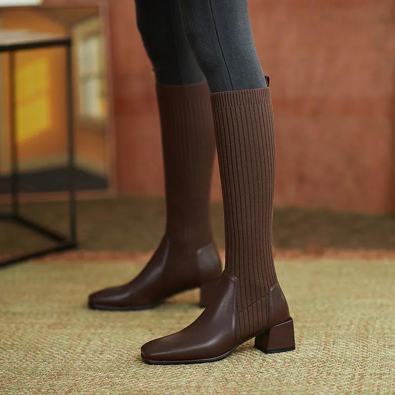 Women's Leather Socks and Long Boots But The Knee Is Thinner Stretch Knit Mid-tube High-heeled High Boots