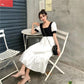 Women Summer Vintage Elegant Short Sleeve Square Neck Black White Patchwork Slim Long Pleated Dress