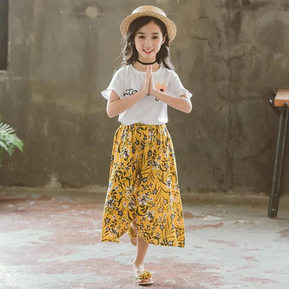 Girls Summer Dress Girls Skirt Pants Suit Medium and Large Children's Short-sleeved Wide-leg Pants Casual Two-piece Suit