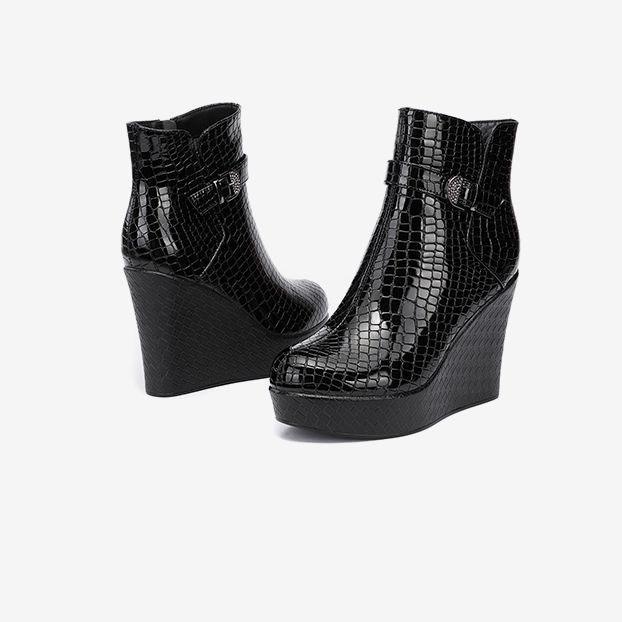 Women's Patent Leather Slope Heel Short Boots Autumn and Winter Waterproof Thick Bottom Round Head Large Size High-heeled Martin Boots