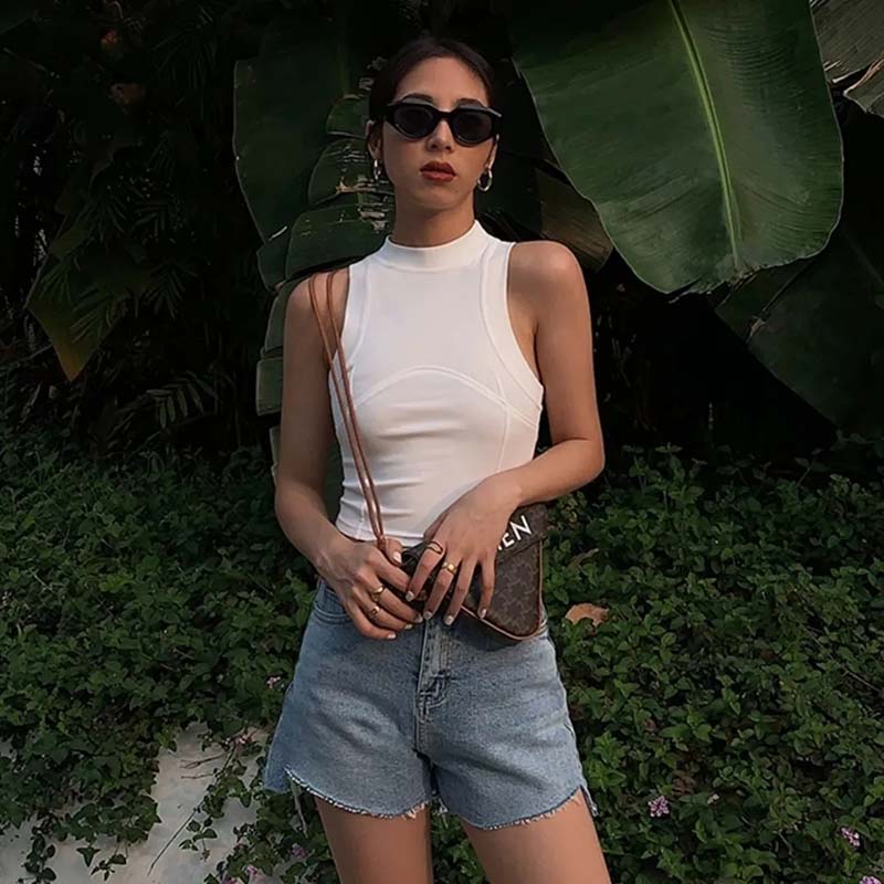 Y2k American Vest Suspenders Women's Sleeveless Slim Fit Crop Top Sexy Slight Stand Collar Shorts Top Steetwear Outerwear Bottoming Shirt Solid Color