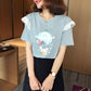 Short Sleeve T-shirt Women Summer Printing Large Size Loose All-match Lace Top