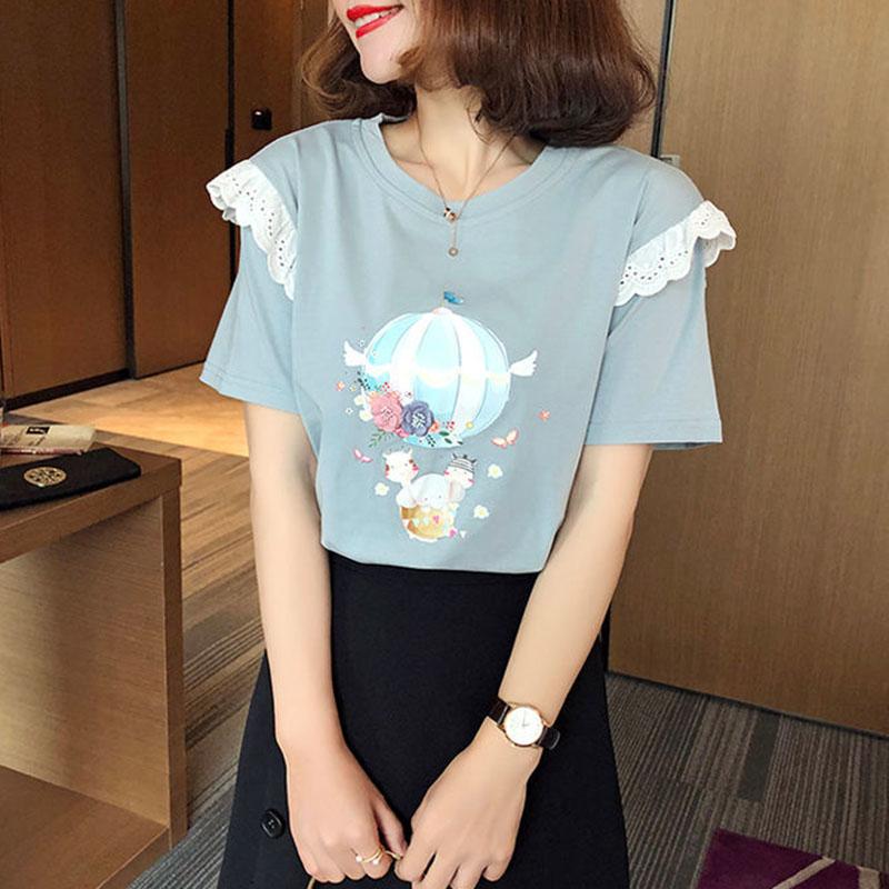 Short Sleeve T-shirt Women Summer Printing Large Size Loose All-match Lace Top